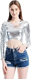 [OBEEII] Womens Shiny Metallic Crop Top Long Sleeve Shirt V Neck Tank Tops Clothing