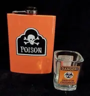 METAL FLASK and SHOT GLASS SET - Orange, Black and White - POISON