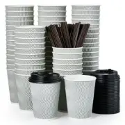 12oz Disposable Coffee Cups, Paper Coffee Cups With Lids & Straws, 100 Pack