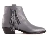 Valentino Rockstud Grey Pebbled Leather Fringe Western Zip Short Ankle Boots 35
