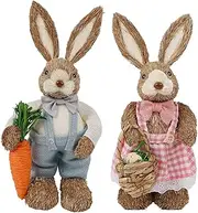 [DR.DUDU] Set of 2 Easter Decorations for Home- 14" Sisal Bunny Figurines with Carrot & Egg, Spring Straw Bunny Couple Farmhouse Centerpieces for Tables, Easter Rabbits Decor