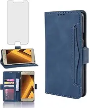 Phone Case for Samsung Galaxy S7 Wallet with Tempered Glass Screen Protector Card Holder Slot ID Credit Stand Kickstand Leather Cell Accessories Glaxay S 7 7s GS7 SM-G930V G930A Women Men Blue