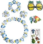 7 Pieces Hawaiian Necklaces, Flower Necklace, Headband, Bracelet, Hair Clips, Tattoo Stickers, Pineapple Glasses, Hawaiian Flower Chains, for Carnival Party, Beach Parties, Cheerleading (Classic Blue