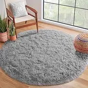 Terrug Super Soft Round Rugs for Kids Room, Cute Fluffy Plush Shaggy Carpet 4x4 Feet for Girls Bedroom Dorm, Home Decor White for Bedroom, Non-Slip Modern Rugs for Living Room Grey