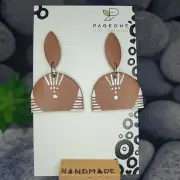 BOHO ARCH TERRACOTTA BROWN TAN WHITE DANGLE SILVER EARRING POLYMER CLAY HANDMADE