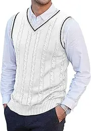 [SWJGLITTR] Mens V-Neck Knitted Sweater Vest Cable Knit Slim Fit Pullover Vests Casual Sleeveless Sweater Vest, White, Large