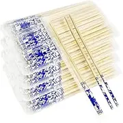WOYAODONG 50 Pairs Disposable Blue Flower Bamboo Chopsticks, Restaurant, Individual Package Chop Sticks, Japanese Food, Thai Food, Chinese Food, Asian Food