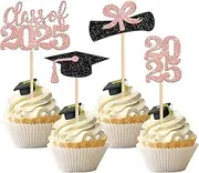 SYKYCTCY 36 Pack 2025 Graduation Done Cupcake Toppers Glitter Congrats Class of 2025 Diploma Grad Cap So Proud of You Cupcake Picks for Graduation Theme Party Cake Decorations (Color-Rosegold)