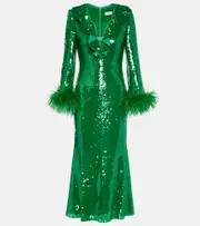 [Self-Portrait] Self-Portrait Feather-trimmed sequined midi dress AU 8 green