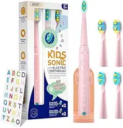 Kids Electric Toothbrush with Soft Bristles, Sonic Cleaning, 5 Modes, DIY Stickers, 2-Min Timer, 4 Replacement Heads & Toothbrush Holder, Ages 3-12, Rechargeable & Waterproof (Pink)