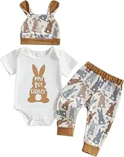 [Lucikamy] Easter Newborn Baby Boy Girl 3Pcs Outfit Infant Short Sleeve Romper Cute Pattern Pants Hat Summer Clothes