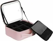 Travel Makeup Bag with Light Up Mirror 3 Color Lights Adjustable Rechargeable Cosmetic Train Case Organizer for Women and Girls with Adjustable Dividers and Makeup Brushes Holder Pink Small Size