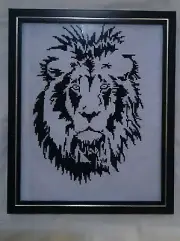 Lion Face Black Cross Stitch White setting Framed 14''*16'' Handmade Wall Décor