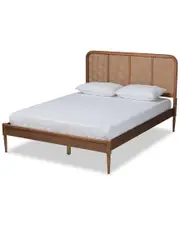 Baxton Studio Elston Mid-Century Modern Walnut Brown Finished Wood & Synthetic Rattan King Size Platform Bed