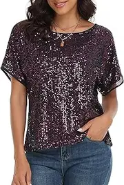 [kayamiya] Women's Sparkly Sequin Top Batwing Sleeve Glitter Party Shirts Blouse Dressy Tops