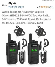 Olywiz Two Way Radio, Model HTD825 Walkie Talkies for Adults w/Earpiece
