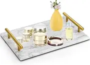 DEAYOU Marble Tray with Gold Handles, White Marble Stone Decorative Tray, 12" Nightstand Serving Tray with Metal Handle, Catchall Key Perfume Tray Pastry Food Board for Vanity, Coffee Table, Desk