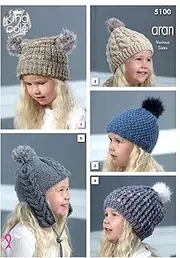 King Cole Girls Aran Knitting Pattern Cabled Slouchy Textured or Double Moss Stitch Hats (5100)