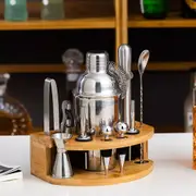 12PCS Wood Stand With Bar Martini Shaker Cocktail Mixer Boston Strainer Tool