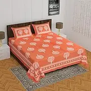 Marusthali indian cotton bed sheets queen size cotton jaipuri cotton bed sheets tree of life bedsheet sanganeri print bed sheet rajasthani bed cover 144 tc indian bedspread 90 x 100 inches (Orange)