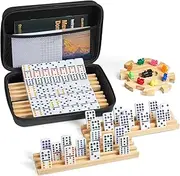 ELONGDI Mexican Train Double 12 Dominoes Set with 4 Wooden Trays/Racks in Portable Carrying Case Colorful 91 Tiles & 9 Trains Board Game for Family Game Night