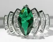 14K White Gold Finish 3CT Marquise Cut Real Emerald Engagement Jewelry Ring