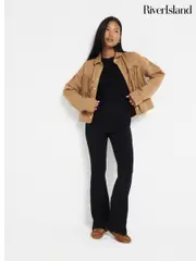 River Island Petite Black 2 Piece Ribbed T-Shirt and Flare Leggings Set (AP4556) | $90