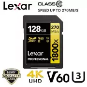 SD Card Lexar Professional 1800x 128GB SDXC UHS-II V60 U3 270MB/s DSLR Cameras