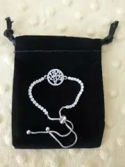 New, Cubic Zirconia Tree Of Life, Adjustable Bolo Bracelet In Fine Silver Plate.
