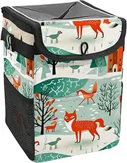Car Trash Can with Lid and Storage Pockets Leak-Proof Organizer,Waterproof Garbage Can,Cartoon Forest Fox Rabbit