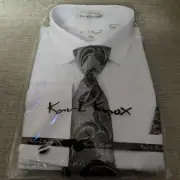 Mens White Black Cuff Dress Shirt + Paisley Gray Tie Karl Knox 17.5, 34/35 #4520