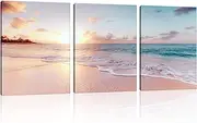 3 Pieces Pink Beach Canvas Wall Art Coastal Sunset Landscape Pictures Print Modern Seascape Artwork for Home Decoration Stretched and Framed Ready to Hang (12Wx16Lx3PCS)