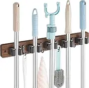 OUTNILI Mop and Broom Holder Wall Mount - Wood Broom Mop Hanger - Wall Mounted Garden Tool Rack Organizer for Closet Garage Laundry Room for Rustic Kitchen Decor With 5 Slots & 4 Hooks