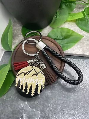 5" Leather Keychain & 1" Mama Wood Charm Tassel New Free Ship Mountain A3708