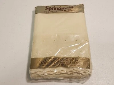 Springmaid VTG Ivory Lucerne Lace Wondercale No-Iron Percale Pillow Cases NEW