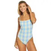 Ralph Lauren Buffalo Plaid High Leg One Piece Swimsuit, Blue, Small