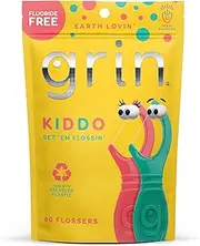 GRIN Kiddo Flossers, Berry Awesome Flavor, Recycled Plastic, Jumbo Grip, Get Your KIDDOS Flossin’ Early, Larger Floss Head, Child Safe! 80 Count, Floss Picks, Dental Flossers