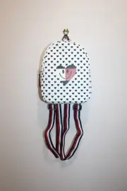 TOMMY HILFIGER GIRLS BACKPACK 100% COTTON CANVAS HEART PRINT WHITE NAVY BLUE RED