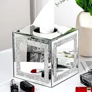SHYFOY Mirror Tissue Box Cover Square, Glitter Glass Tissue Box Holder with Magnetic Closure, Silver Mirrored Tissue Box Holders Paper Case Dispenser for Home Office Bathroom Decoration
