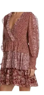 En Saison Mini Dress Small Floral Smocked Ruffle Metallic Long Balloon Sleeves