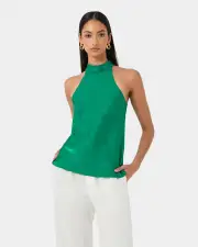 Leana Satin Bias Tie Top Emerald