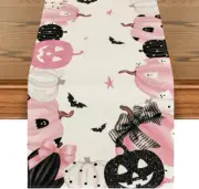 Pink Jack-O-Lantern Pumpkin Bat Halloween Table Runner, Holiday Kitchen Dining T