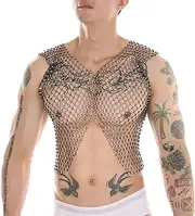 [TINAYAUE] Men's Rhinestone Tank Tops Sheer Fishnet Sleeveless Shirt Sparkly Mesh Crop Top Sexy Night Club Party Rave Outfit