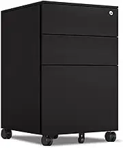 3 Drawer Mobile File Cabinet with Lock Metal Filing Cabinet for Home Office White/Black Iron Chest with Movable Side Pull Drawer, Black 39x50x60cm