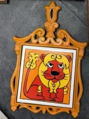 HTF Vintage MCM Orange Lion Tile & Cast Iron Trivet Pot Holder Wales. NOS