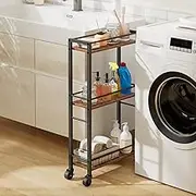 MAHANCRIS Slim Rolling Cart, Mobile Kitchen Cart on Wheels, Narrow Storage Carts for Small Space, Wooden Service Carts, for Bathroom, Laundry, Living Room, Rustic Brown RCHR1501Z