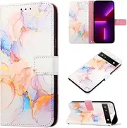 Wallet Case for Google Pixel 6A 5G for Women Marble PU Leather Flip Cover with Card Holder and Kickstand Feature Protective Phone Case with Lanyard White