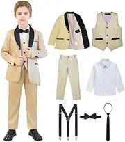 [RoseZose] Boy Suits 7 Piece Set Slim Fit Formal Tuxedo Suit with Tuxedo Jacket Vest Pants for Kids Wedding Ring Bearer Party