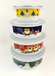 Vintage Christmas Enamel Nesting Storage Bowls - Set Of 5