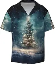 [YANYU] Christmas Tree Snow Print Hawaiian Shirts Men Short Sleeve Button Down Cuban Collar Shirt Summer Beach Days